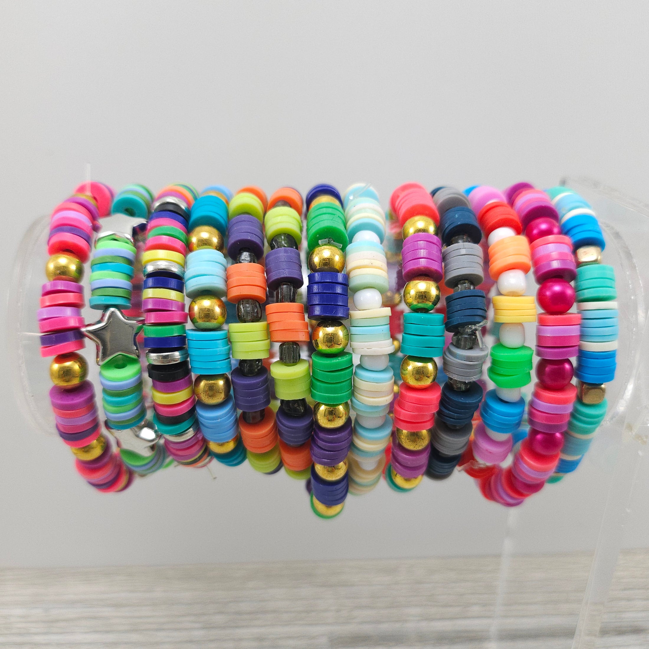 Clay bead mix stretch friendship bracelets.