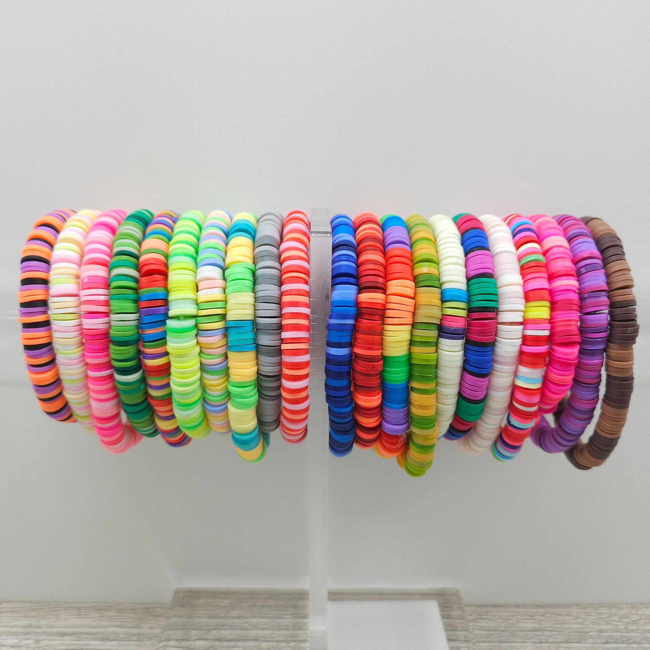 Colorful clay bead stretchy bracelets.