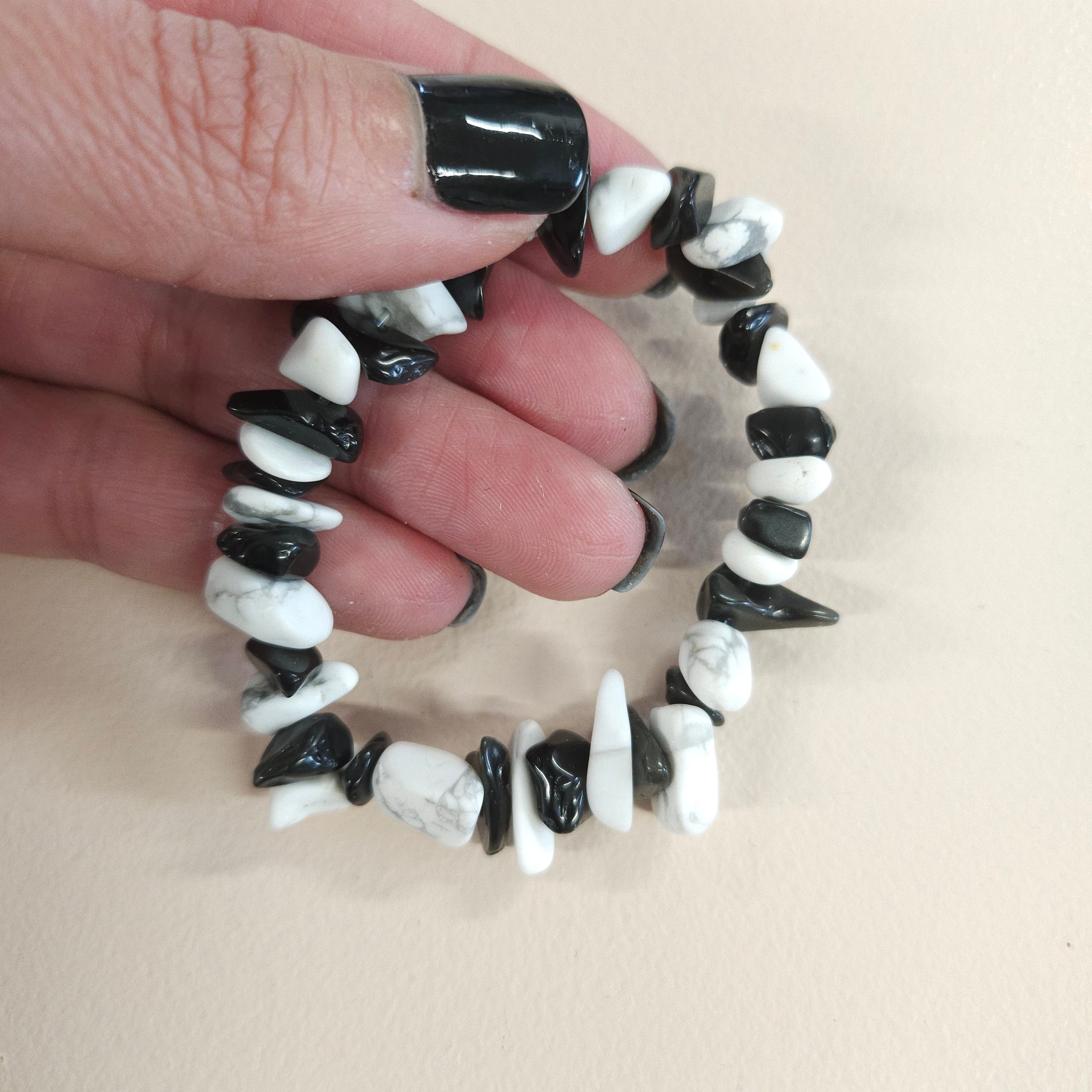 Black and white rock stretch bracelet.