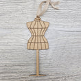 Load image into Gallery viewer, Laser cut and engraved dress form holiday ornament blank.