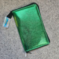 Load image into Gallery viewer, Green metallic wallet with a small card on a gray surface