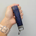 Load image into Gallery viewer, Blue and black cork key fob with zebra design.