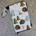 Load image into Gallery viewer, Original Stitch Marker Organizer made with Don't Feed the Bears cotton fabric.