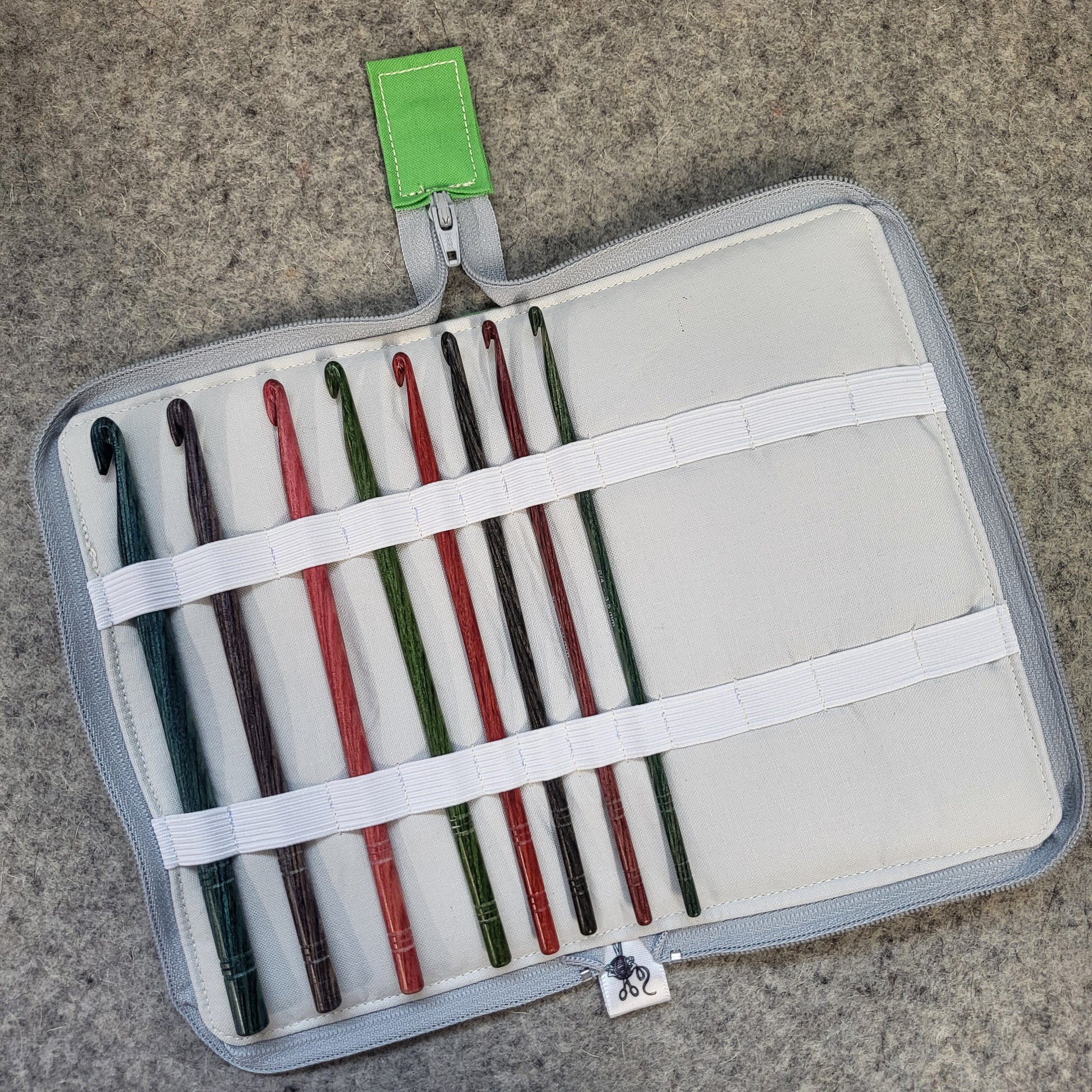 Crochet hook organizer case for standard set of crochet hooks.