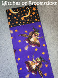 Load image into Gallery viewer, Witches on broomsticks halloween pillowcase.