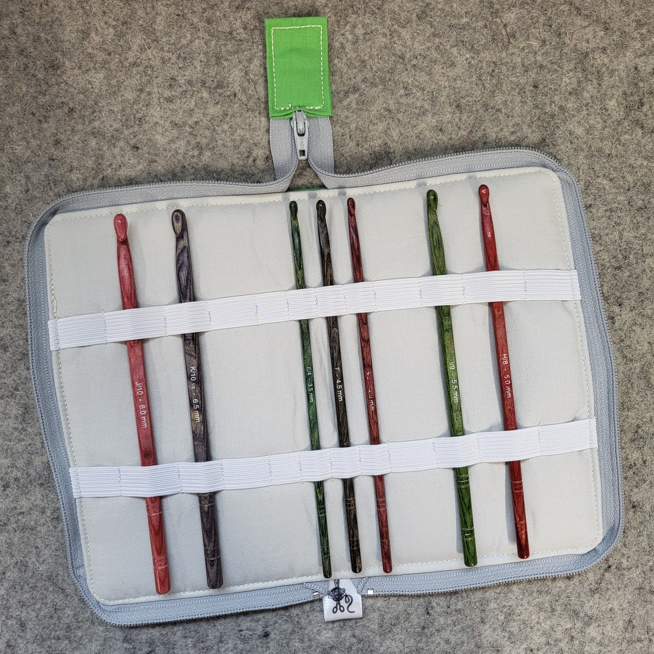Zip around crochet hook case with elastic.
