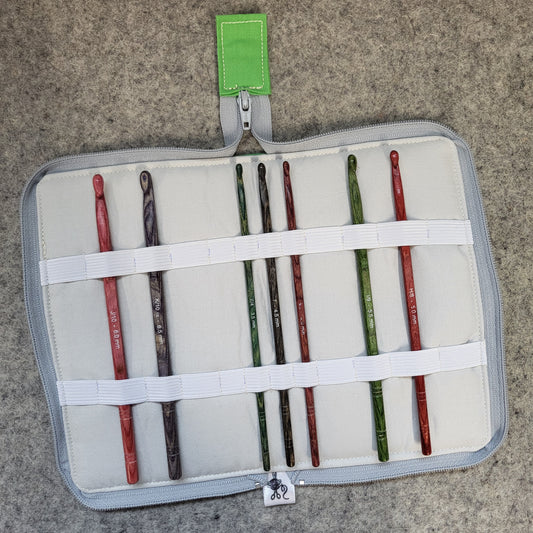 Zip around crochet hook case with elastic.
