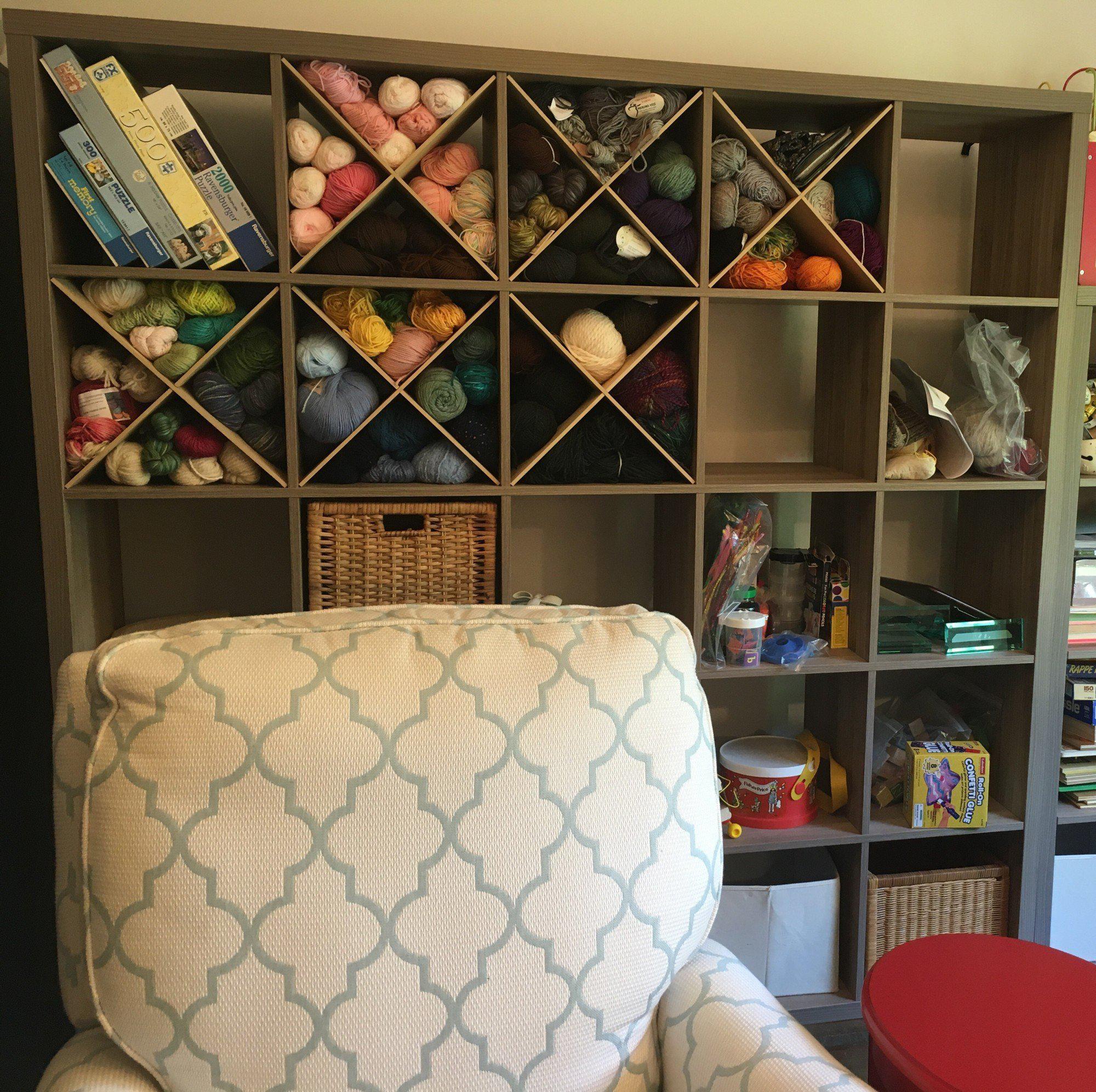 Custom MDF X shelf cube dividers storing yarn