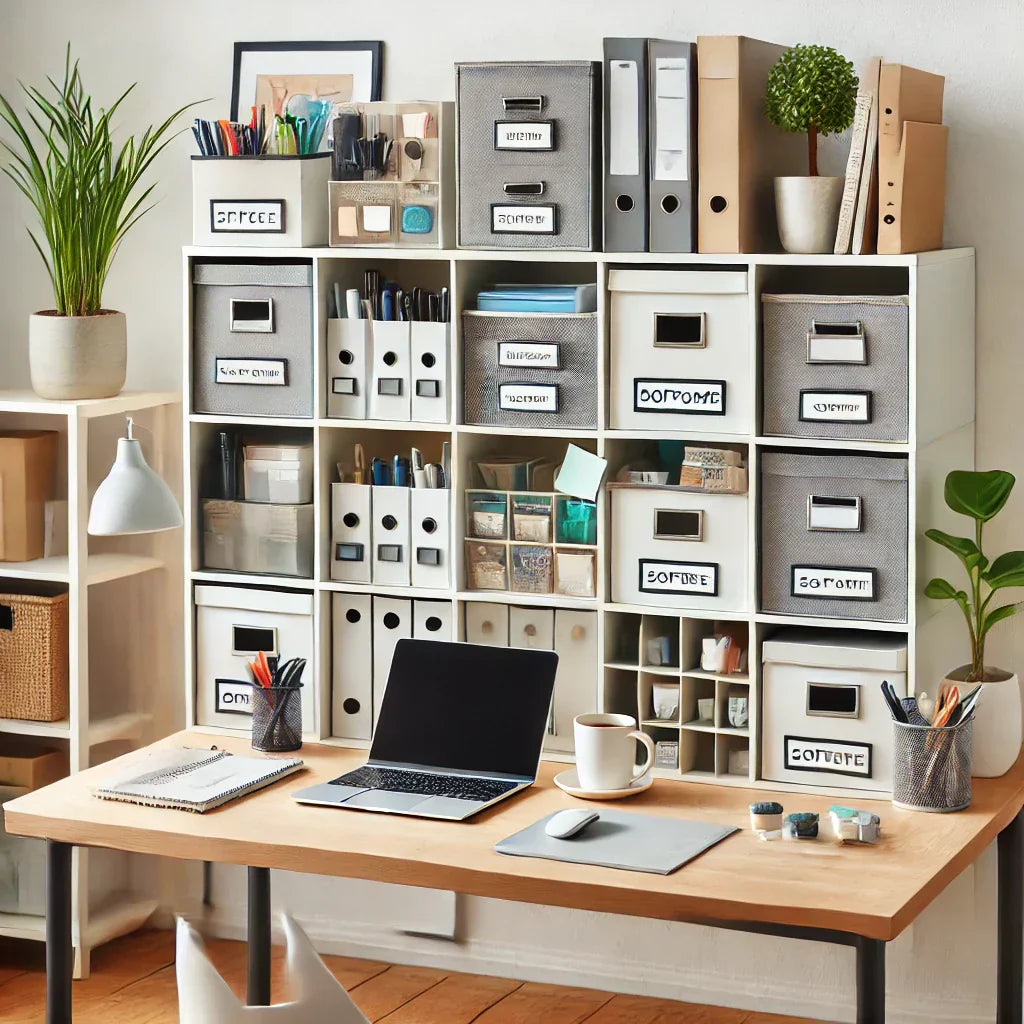 A well-organized home office featuring a cube storage unit with various inserts. The inserts include labeled bins, document holders, and compartments