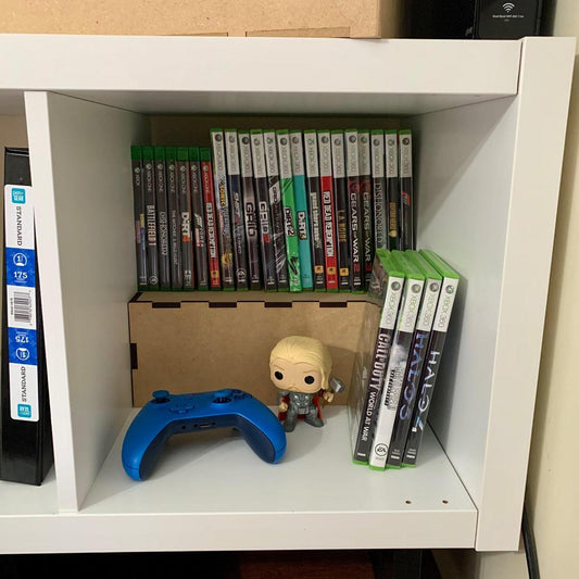 dvd shelf insert from thesteadyhandshop.com filled with xbox games
