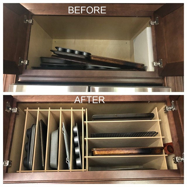 Before and after of kitchen cabinets with and without organizers from The Steady Hand Shop.