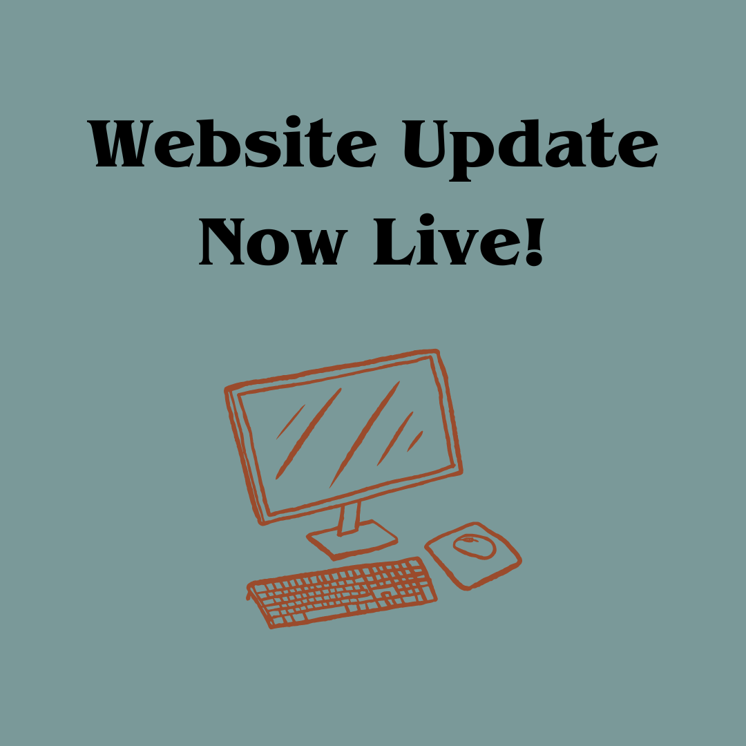 Green background with black text stating website update now live and a brown image of a computer, keyboard and mouse.