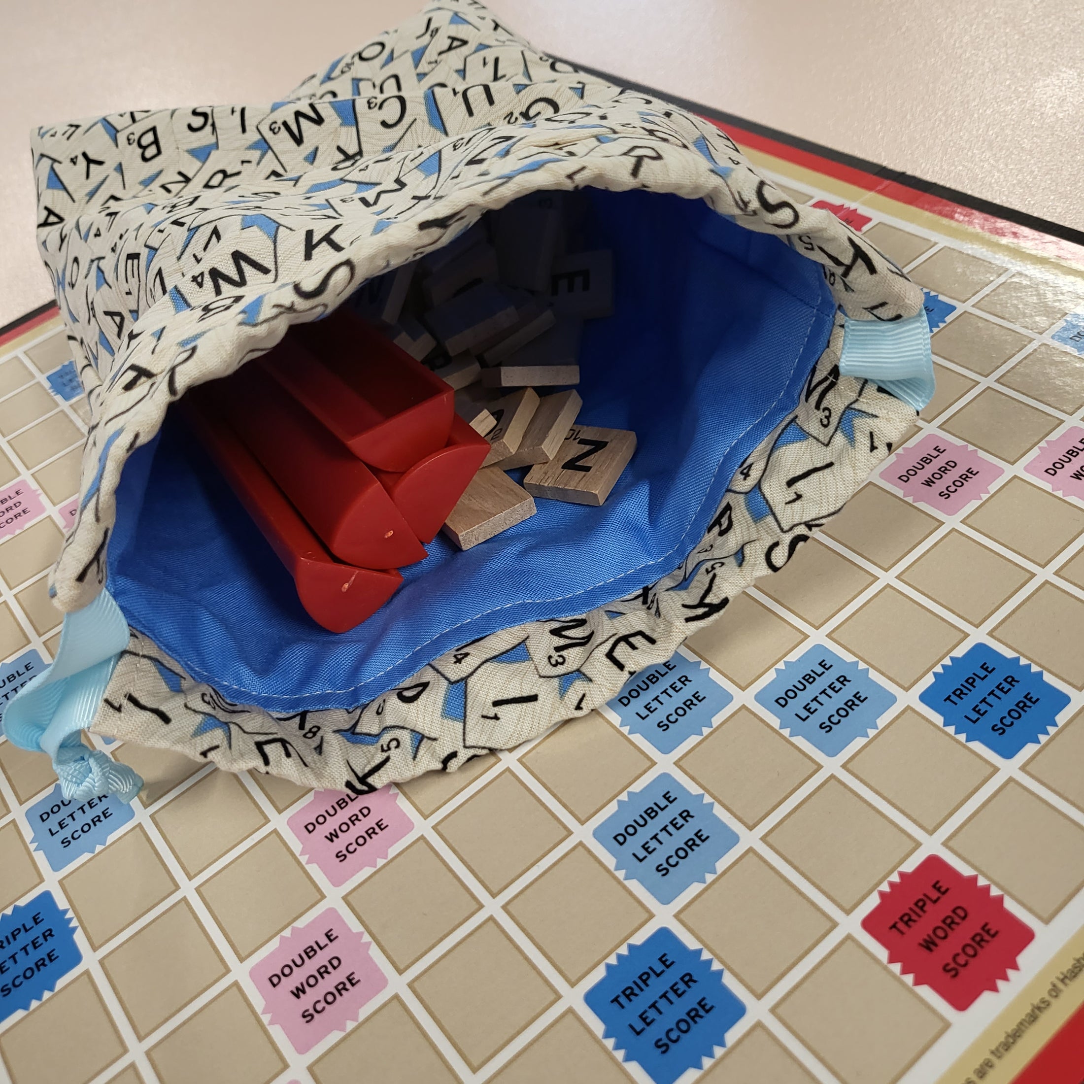 Scrabble storage bag.