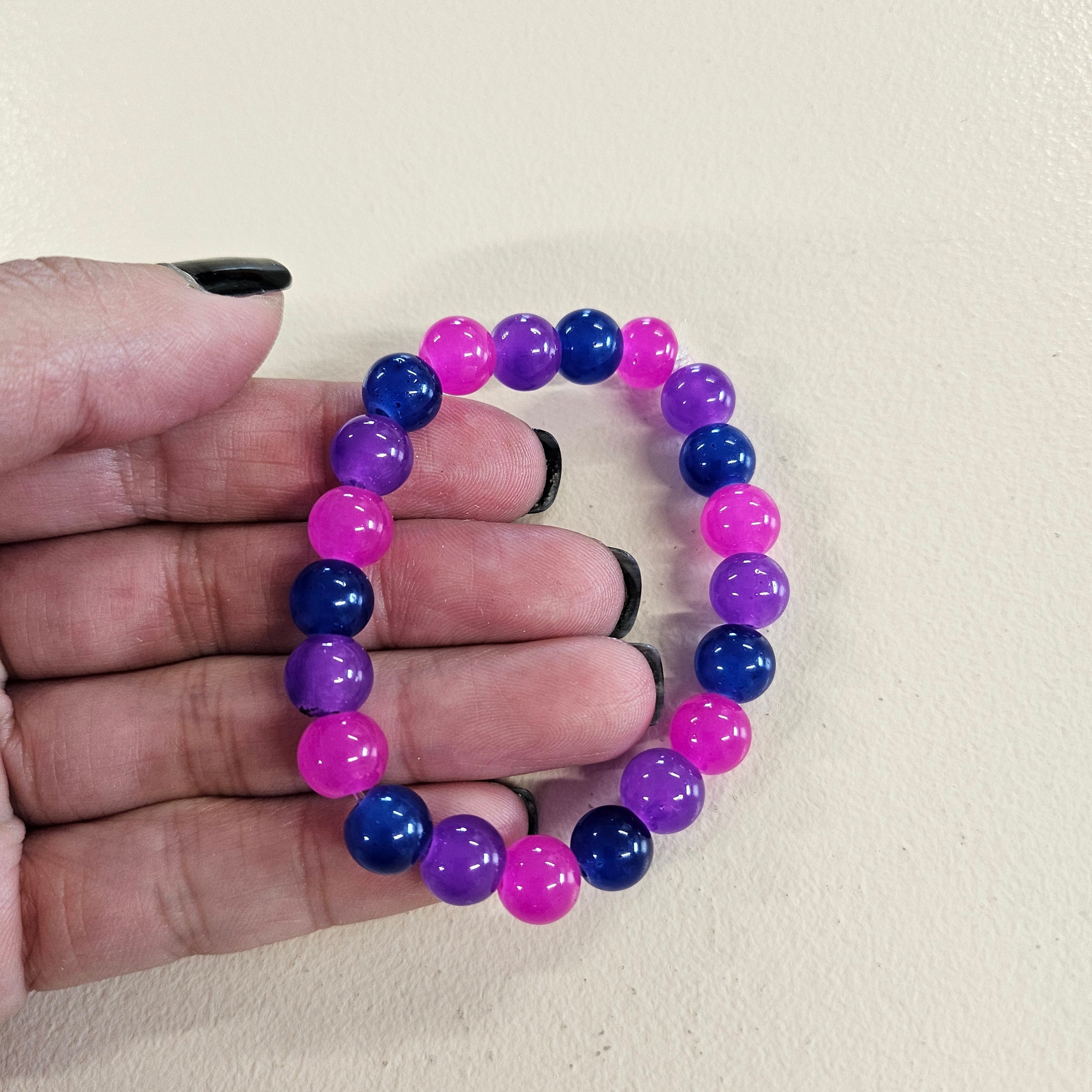 Pink, purple and blue glass ball bead stretch bracelet.