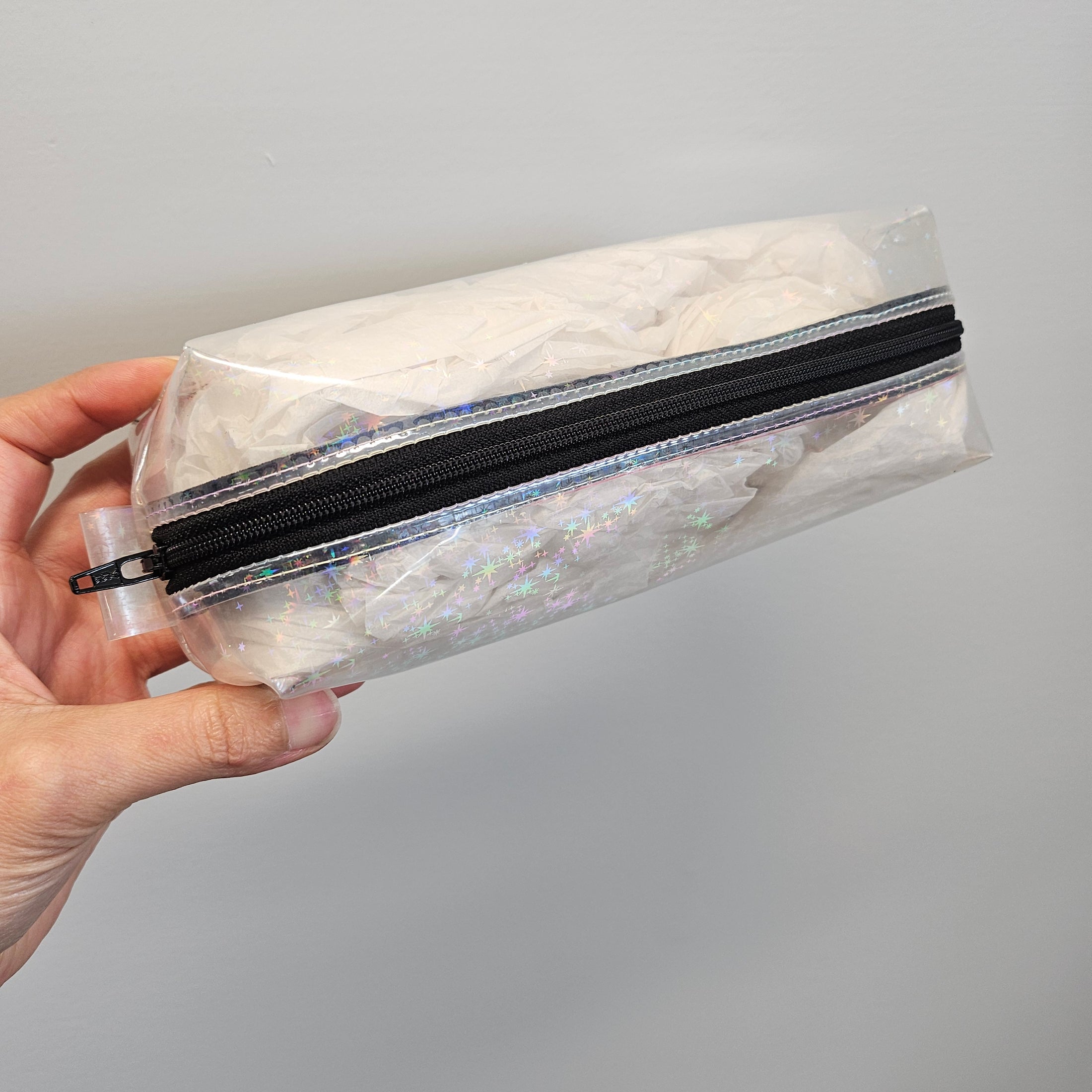 Clear plastic bag with a black zipper held by a hand against a gray background