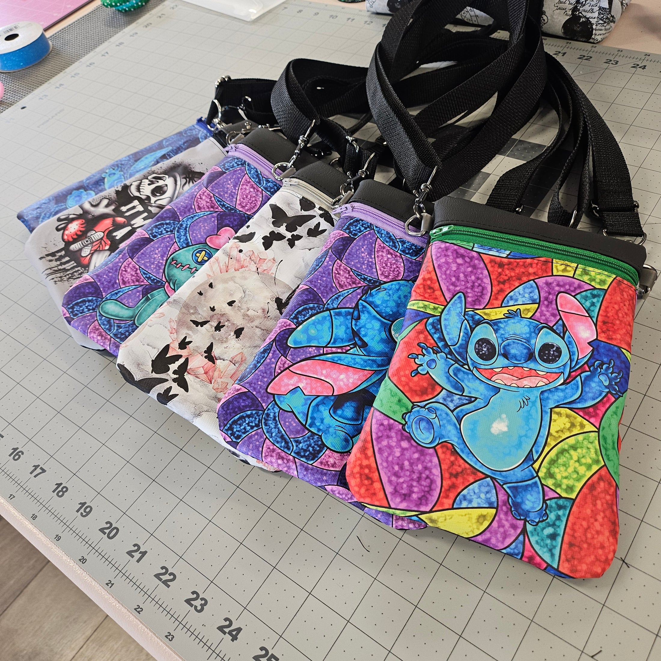 Colorful quilt with cartoon character on a cutting mat