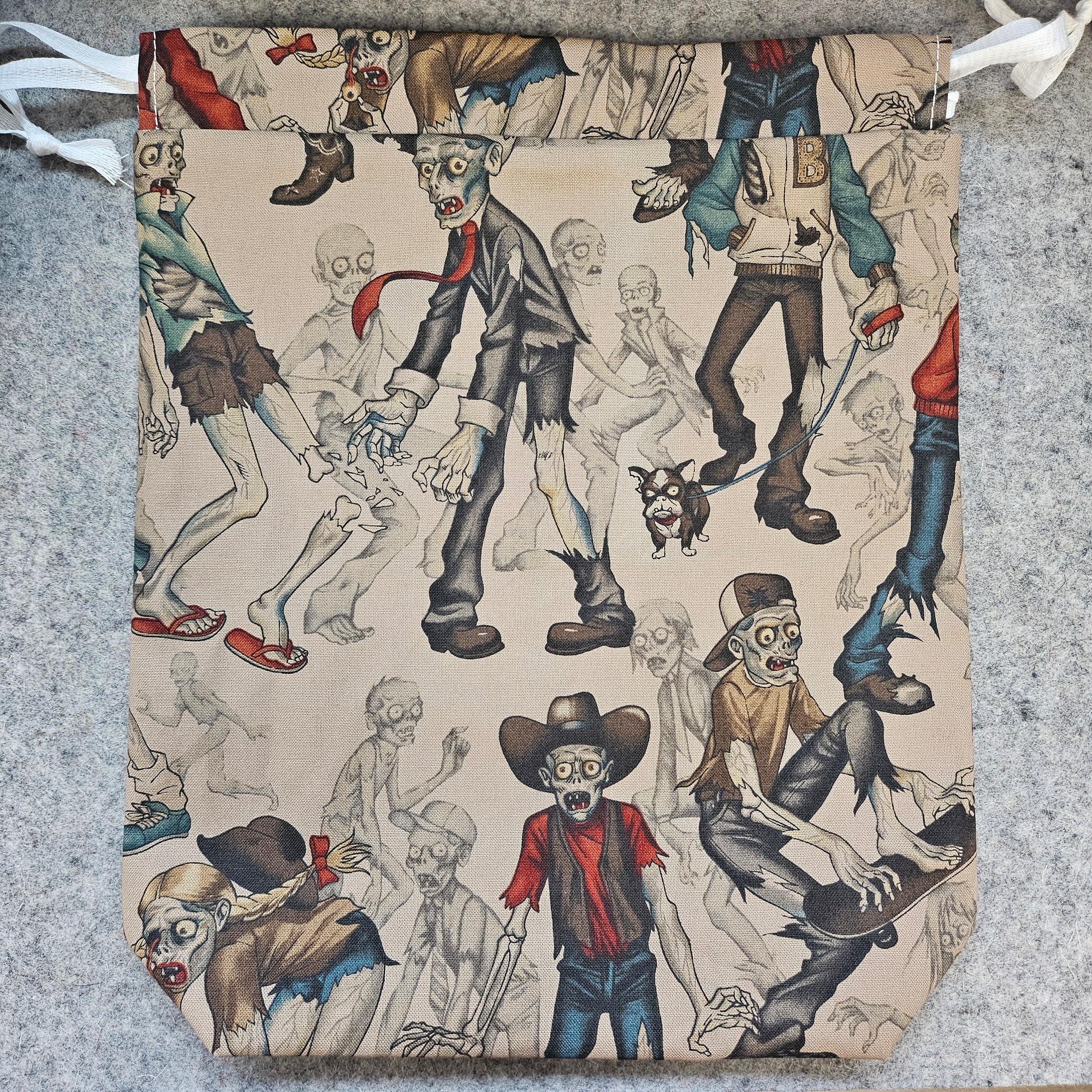 Patterned fabric with illustrations of people in various poses on a textured surface.