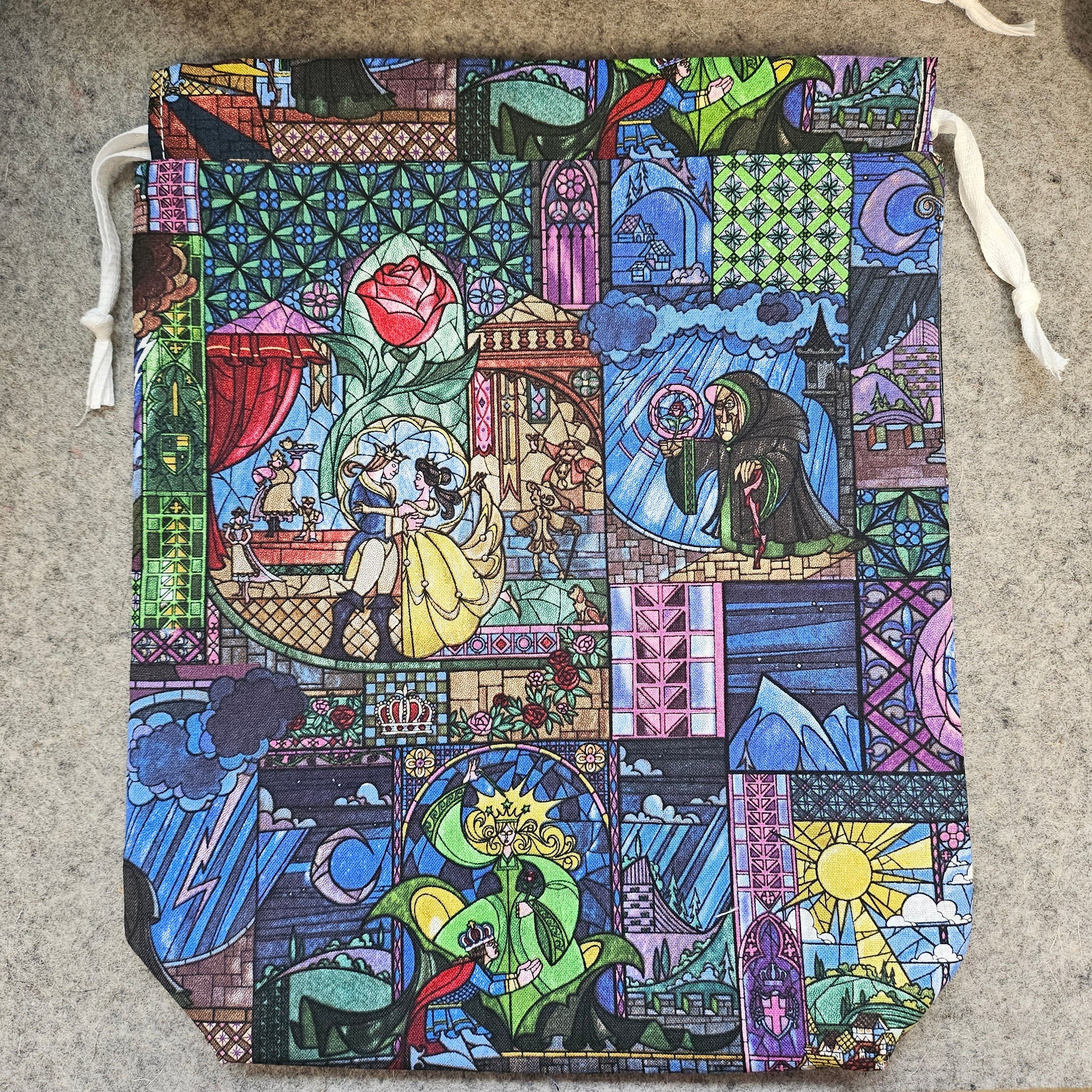 Beauty and the Beast themed drawstring bag.