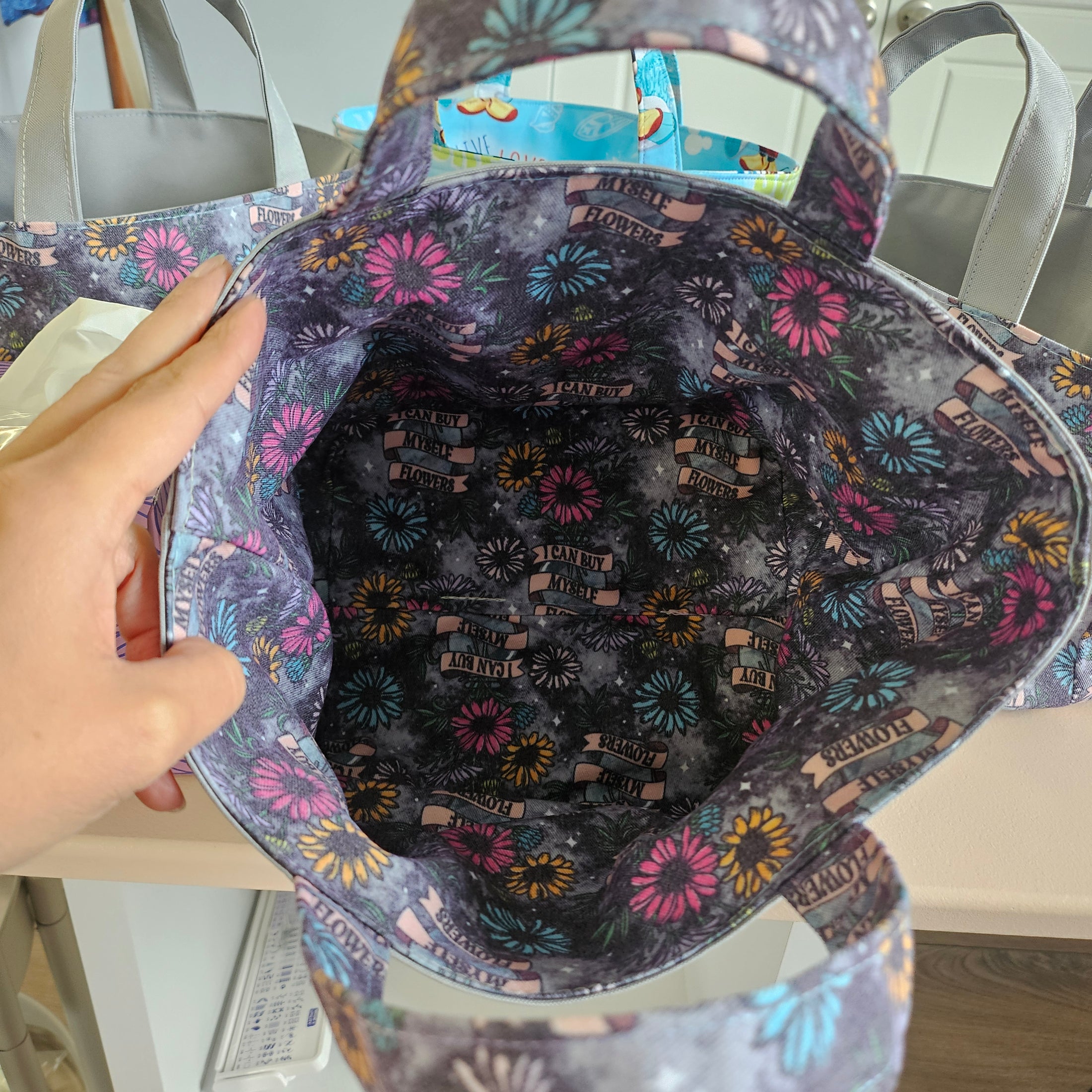 Inside view of mini tote showing interior fabric