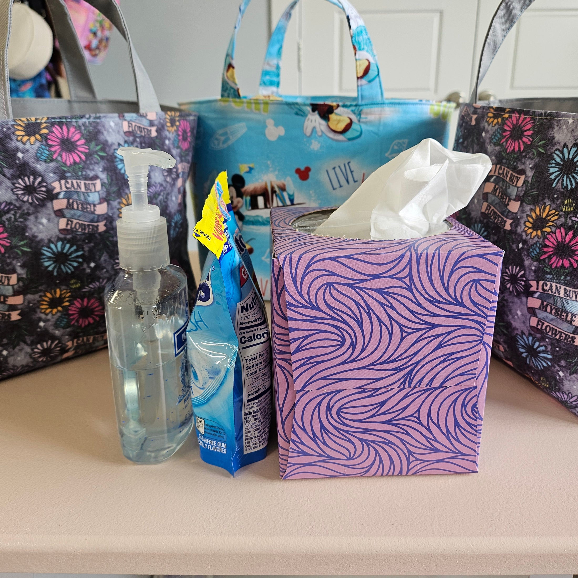 Items that fit in a mini tote – tissue box, hand sanitizer, snacks