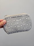 Load image into Gallery viewer, A gray fabric zippered pouch with a white repeating pattern of cute food illustrations, held by a hand against a plain gray background.
