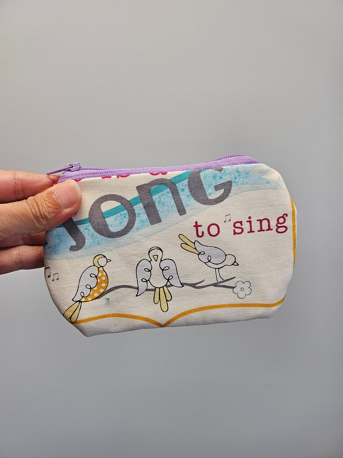 A hand holding a small fabric zip pouch with a whimsical bird illustration and the words 'song to sing' on a plain gray background.