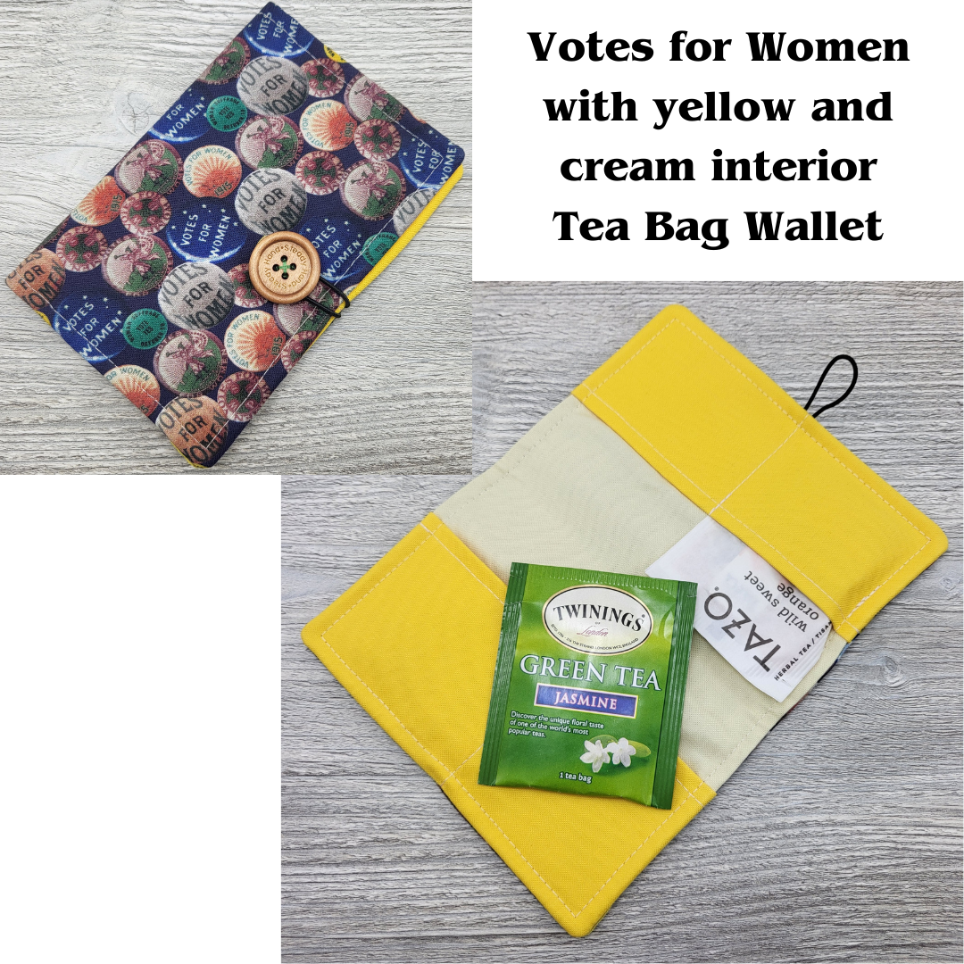 Votes for women tea bag wallet with yellow and cream interior.