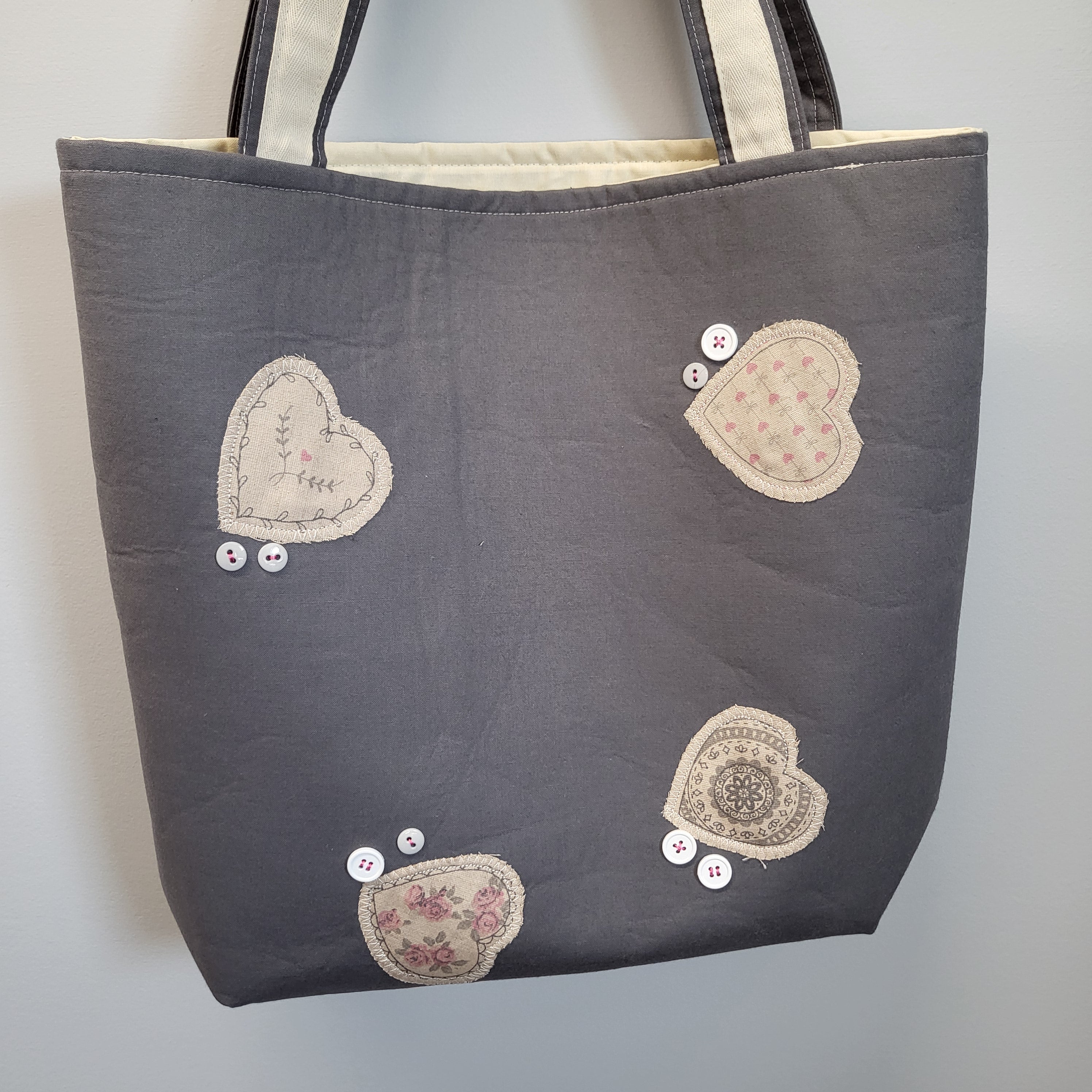 Quilted Heart Tote Bag with Heart Appliques and Handsewn