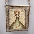 Load image into Gallery viewer, Front of the heart fairy purse with a fairy holding a string of hearts. 
