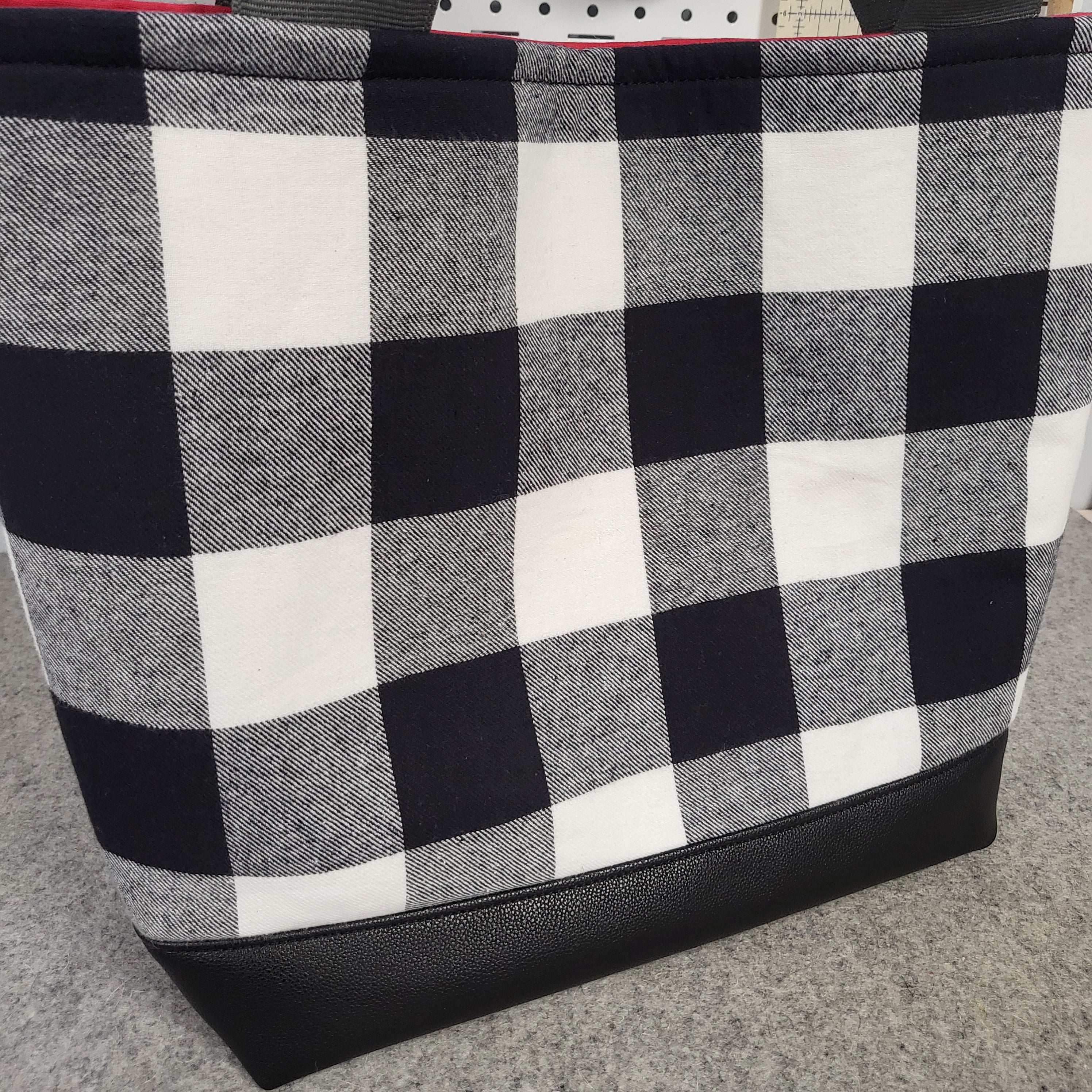 Buffalo Plaid Linen Tote with Waxed Canvas Bottom and Handles, Large Shopping Market Tote Bag in Grey and Black Vegan Bag with store Pockets, USA