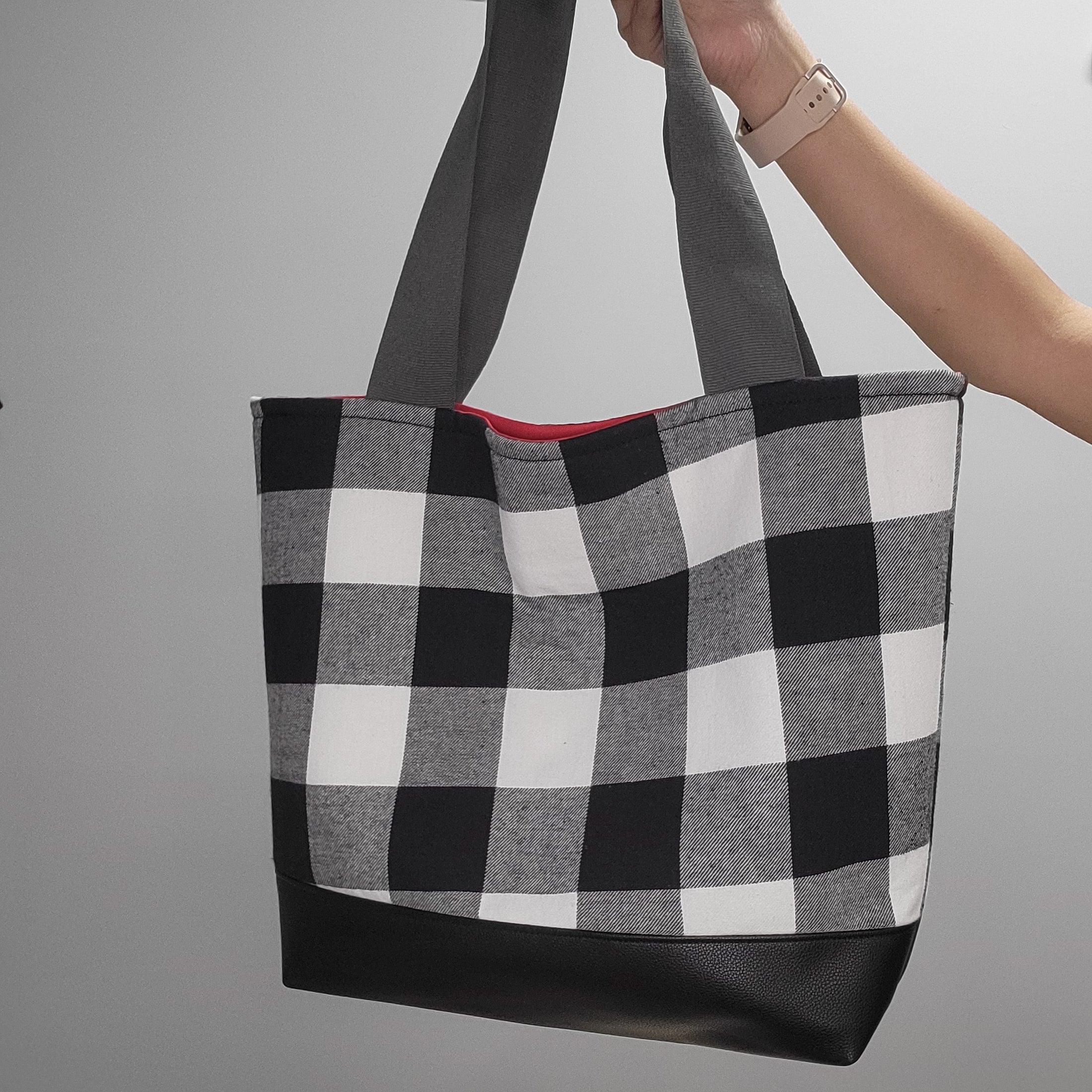 Black and white buffalo plaid flannel tote bag.