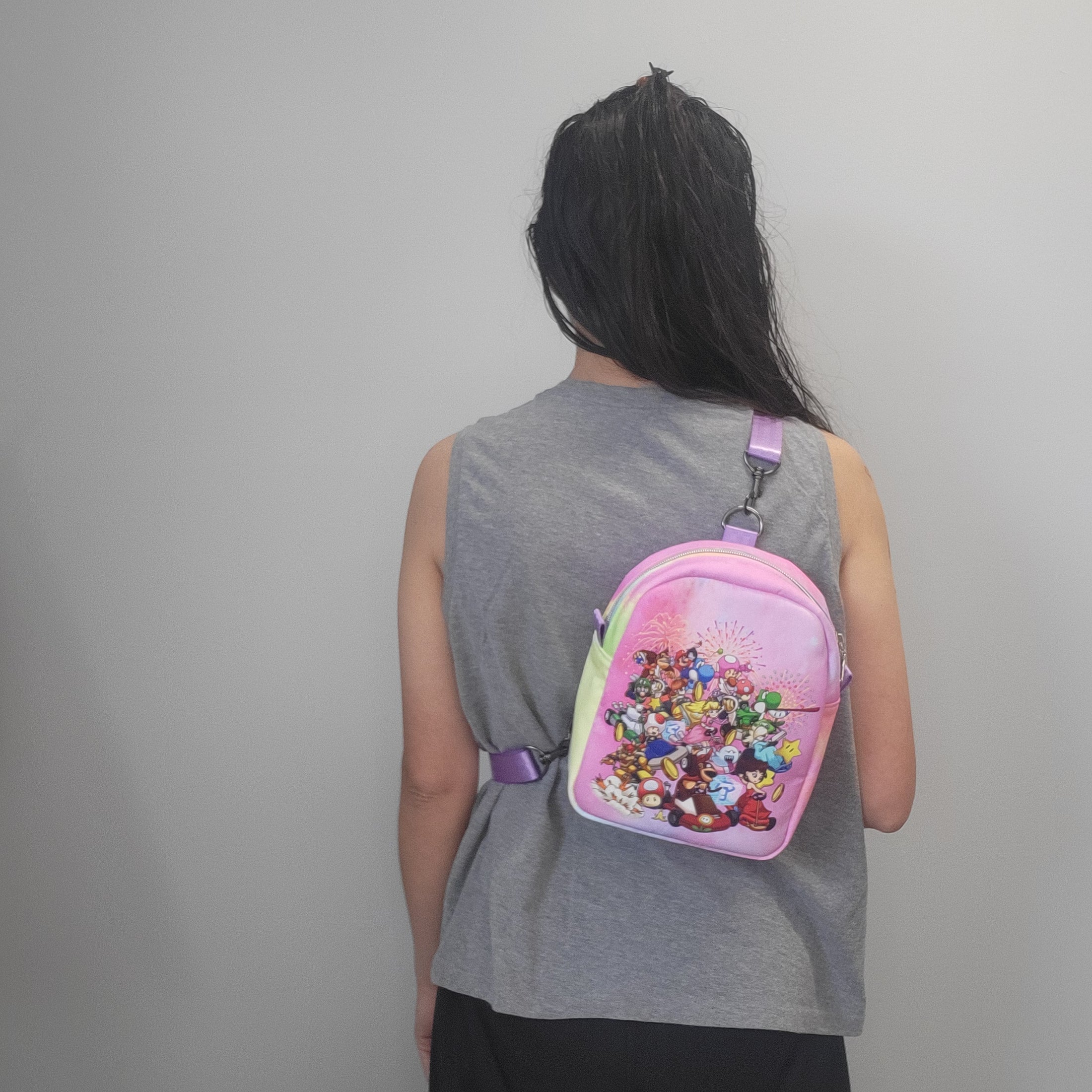 Person wearing the Mario Kart inspired bag as a crossbody.