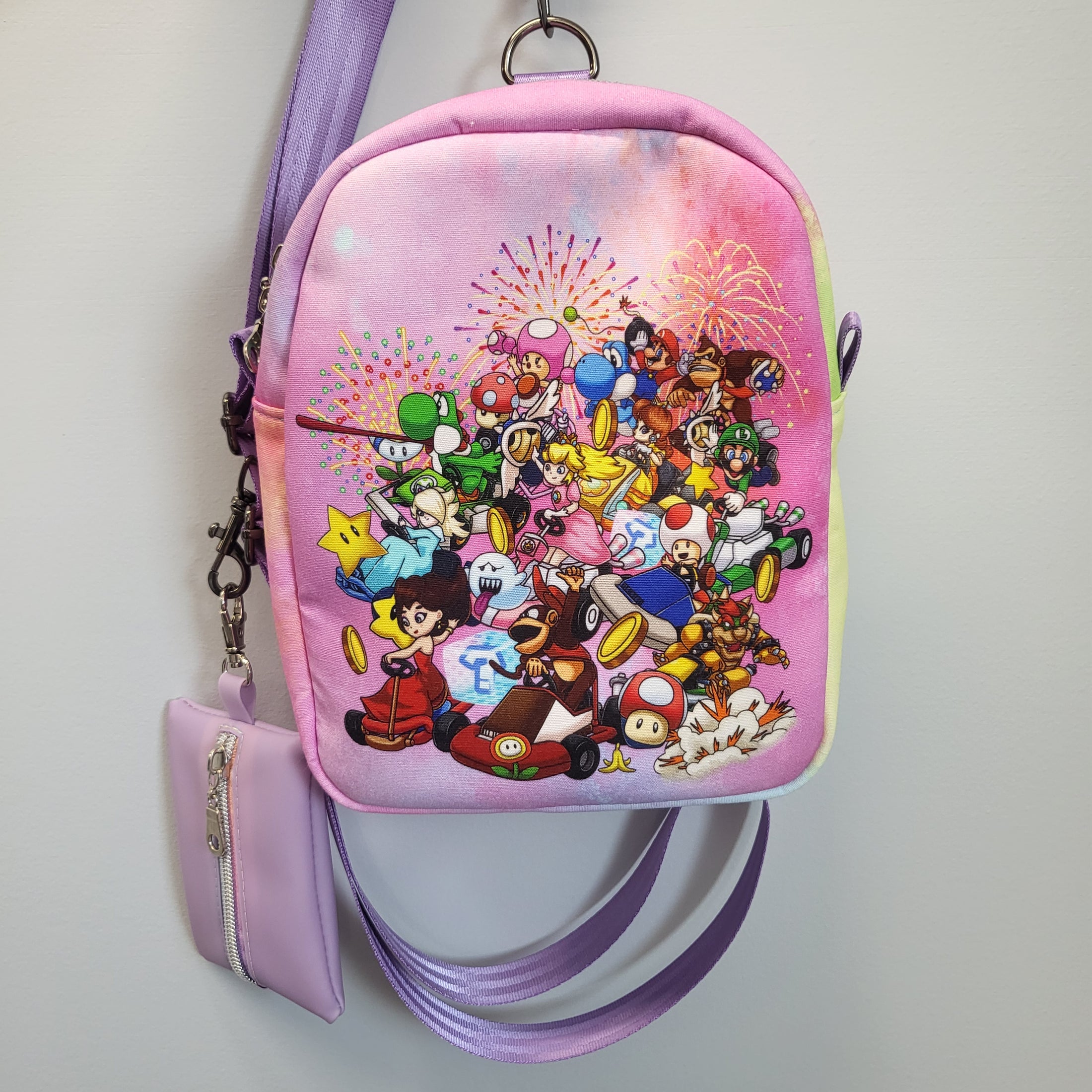 Mario Kart inspired bag that can be worn as a sling or backpack.