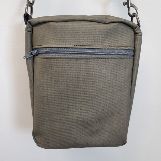 Gray emo crossbody bag.