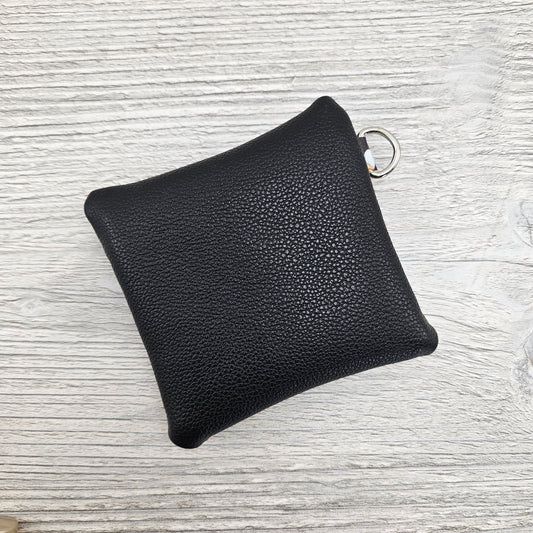 Mini black zipper coin pouch with d ring.