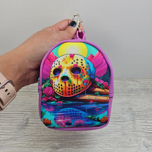 Mini backpack storage pouch with Jason mask on the front.