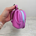 Load image into Gallery viewer, Purplish-pink mini backpack made with cotton and jelly vinyl.
