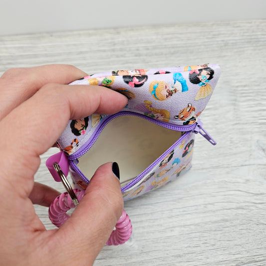 Mini disney princess zipper pouch with stretchy bracelet. 