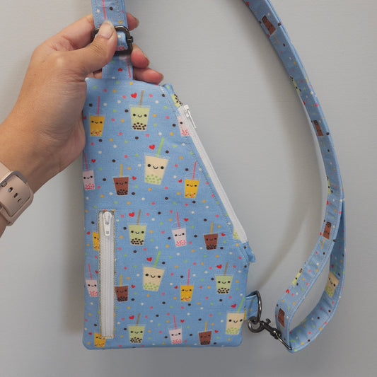Light Blue Bubble Tea travel sling bag.
