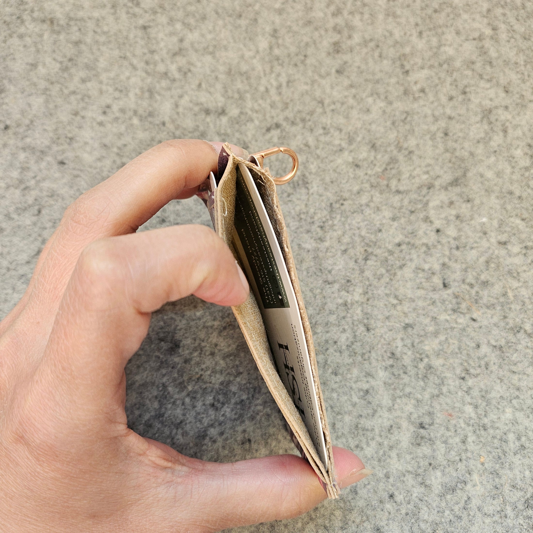 Cork wallet for holding cards and cash.