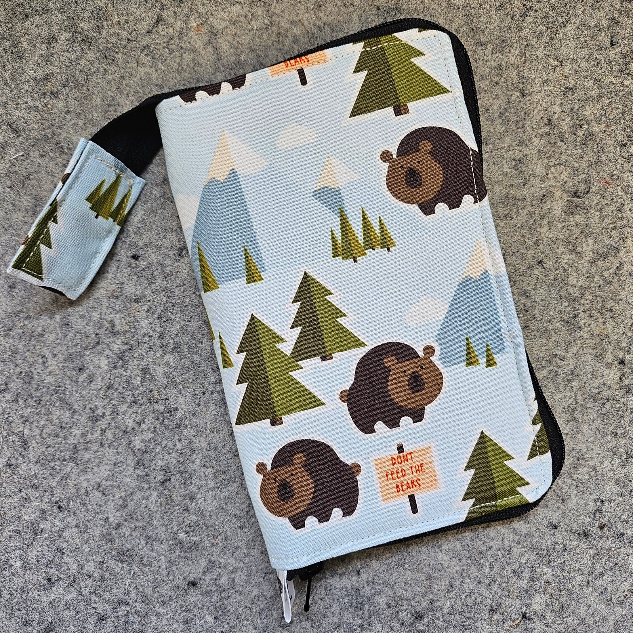 Original Stitch Marker Organizer made with Don't Feed the Bears cotton fabric.