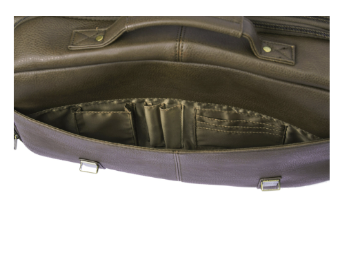 Brown leather bag with interior compartments on a white background