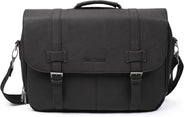 Black leather briefcase with shoulder strap on a white background