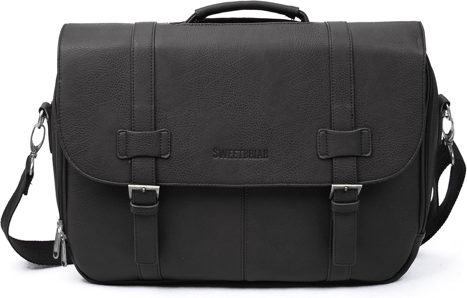 Black leather briefcase with shoulder strap on a white background