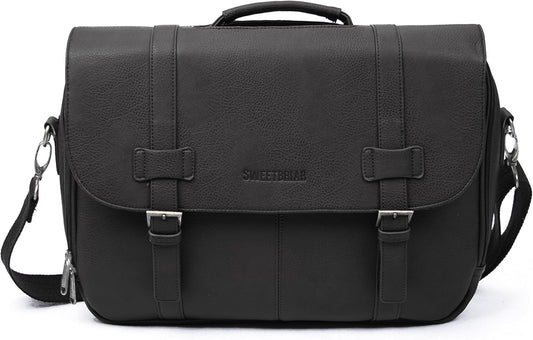 Black leather briefcase with shoulder strap on a white background