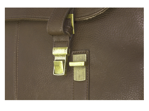 Brown leather bag with gold hardware on a white background