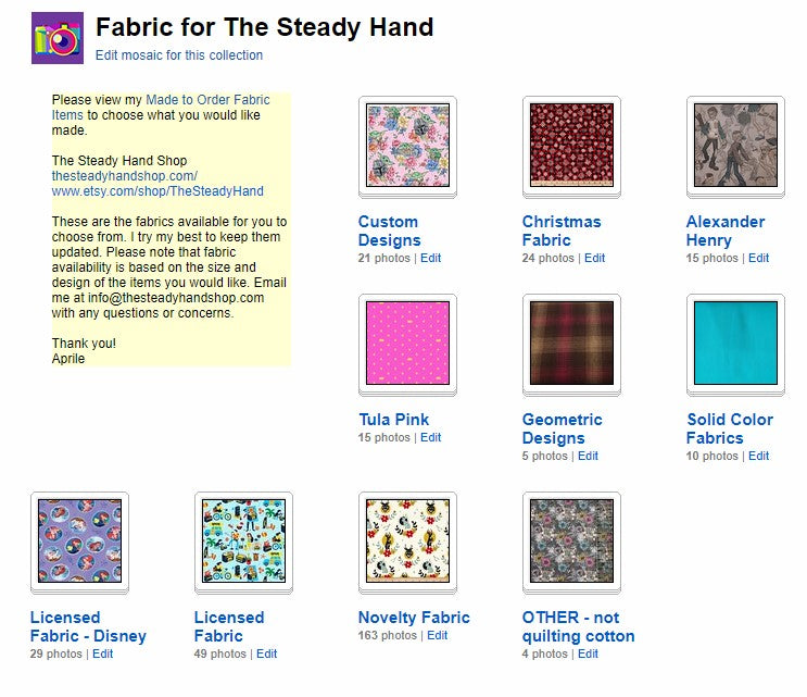 Screenshot of fabric options for the steady hand custom orders.