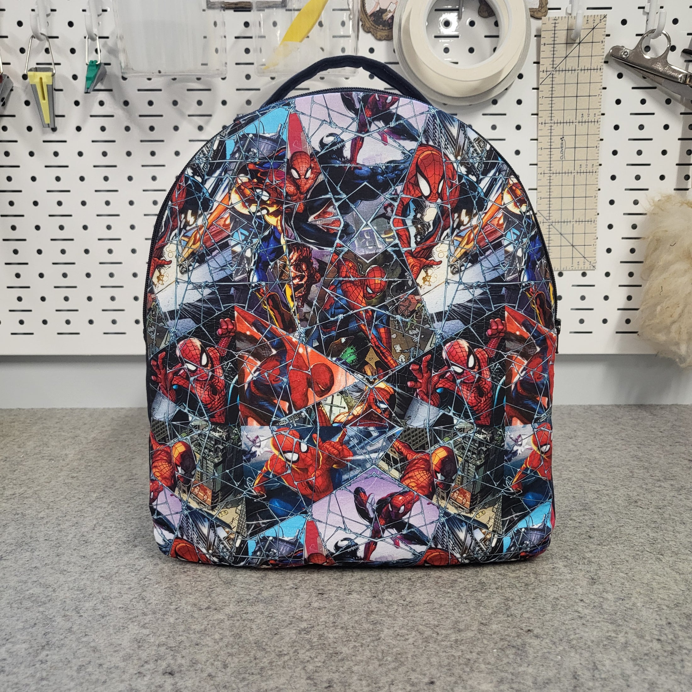 Front of spiderman backpack. 