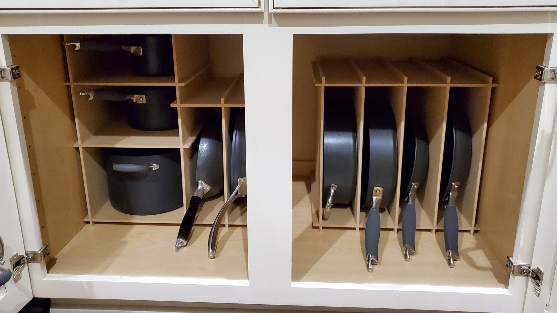 kitchen cabinet with frying pan and pot and pan organizer from the steady hand shop