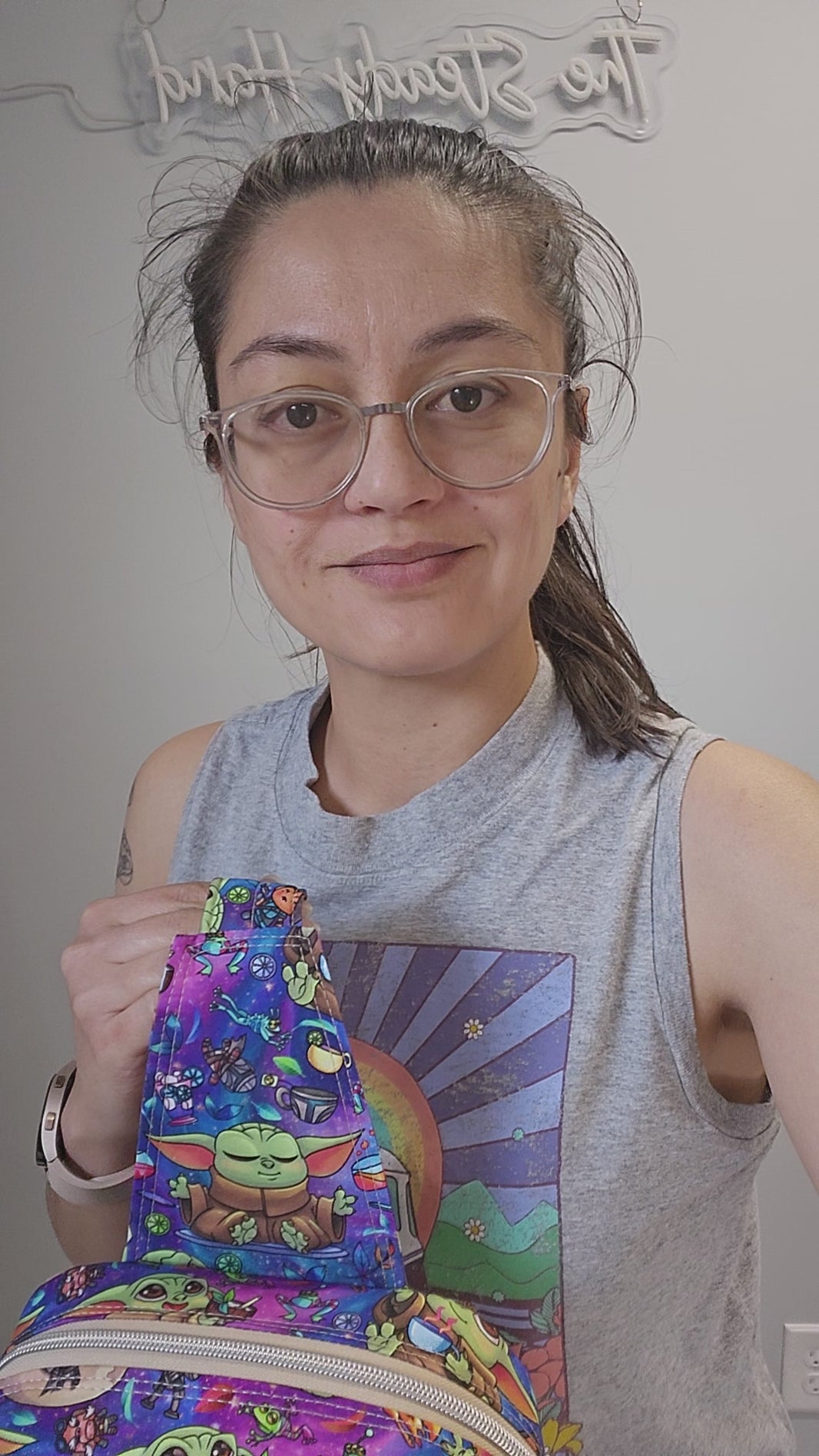 Video of the grogu crossbody bag with adjustable strap.